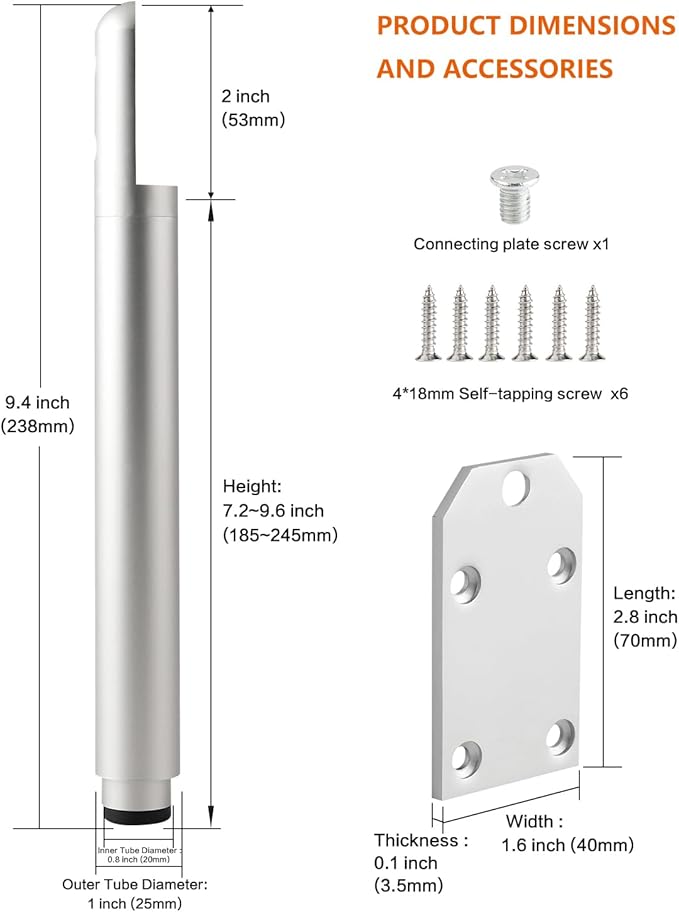4 Pack Adjustable Cabinet Feet Silver 7.2-9.6 Inch Legs for Furniture Risers Nightstand Legs Replacement Support Feet Table Base Height Extenders Dresser Legs