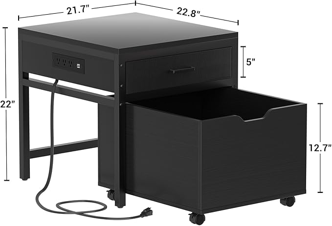 Unikito Mini Fridge Stand with Drawer Storage and Power Outlet, Heavy Duty Mobile Mini Fridge Shelf with Lockable Wheels, Beverage Refrigerator Table Stand, 22.8" L x 21.6" W, Max Load 300 LBS, Black
