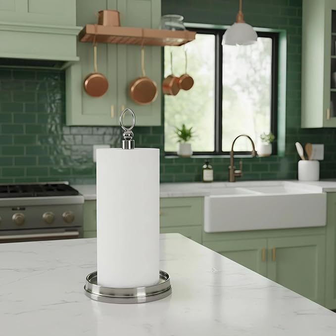 Paper Towel Holder With Heavy Weighted Base - Steel Countertop Stand for Kitchen, Bars & Dining Tables - Fits Standard & Jumbo Rolls - Brushed Nickel