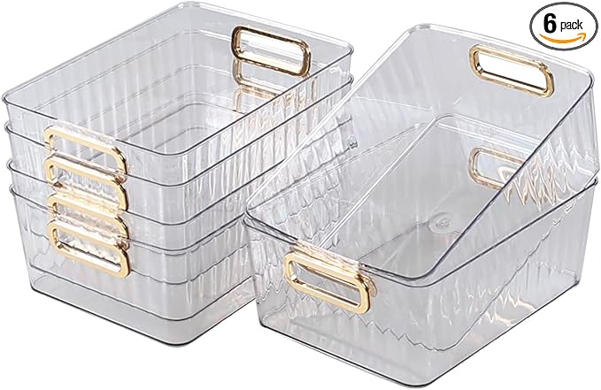 Clear Plastic Organizing Bins, Plastic Pantry Storage Baskets for Fridge, 6-Packs