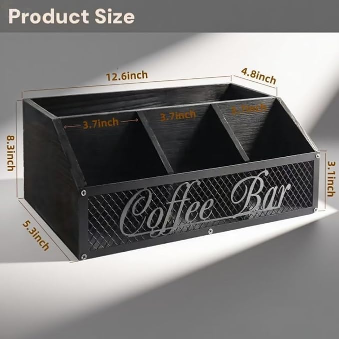 Coffee Station Organizer for Countertop, Wood Coffee Bar Organizer, Coffee Pods Holder Storage Box, Rustic Bar Accessories for Decor, Syrup and Tea Condiment (Black)