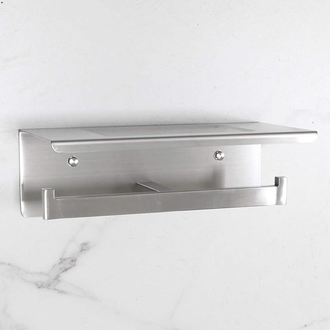 Bathroom Toilet Paper Holder with Shelf, Stainless Steel Double Roll Toilet Tissue Holder Dual Wall Mounted for Mobile Phone Storage, Brushed Finish