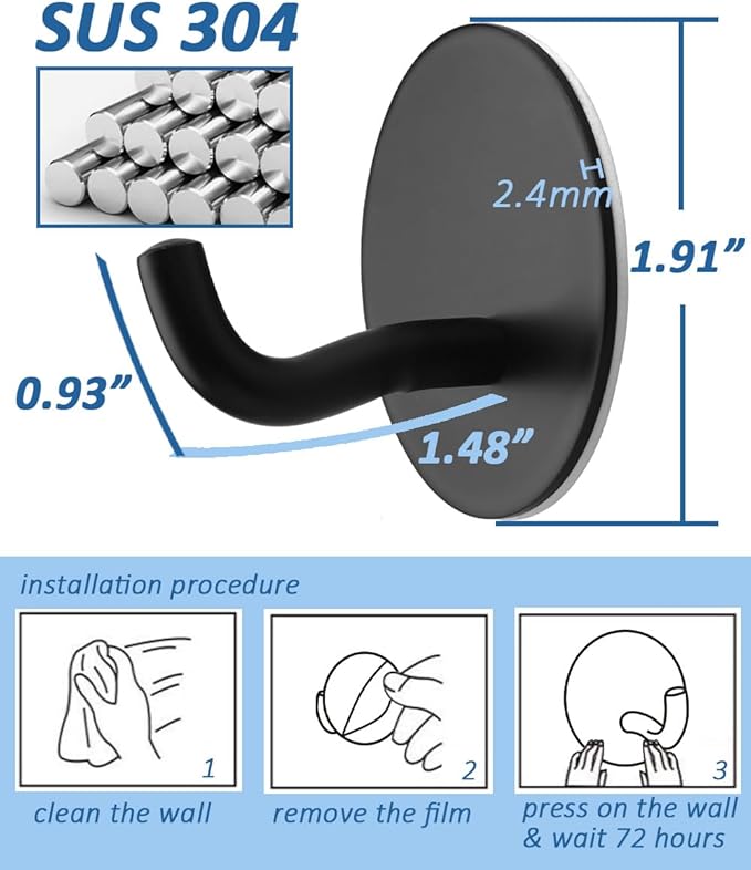 Uvish Matte Black Adhesive Towel Hooks 6 Pack Heavy Duty Wall Hooks for Hanging Robes, Loofah, Towels, Clothes Coat Hooks Stick on Bathroom or Kitchen Stainless Steel
