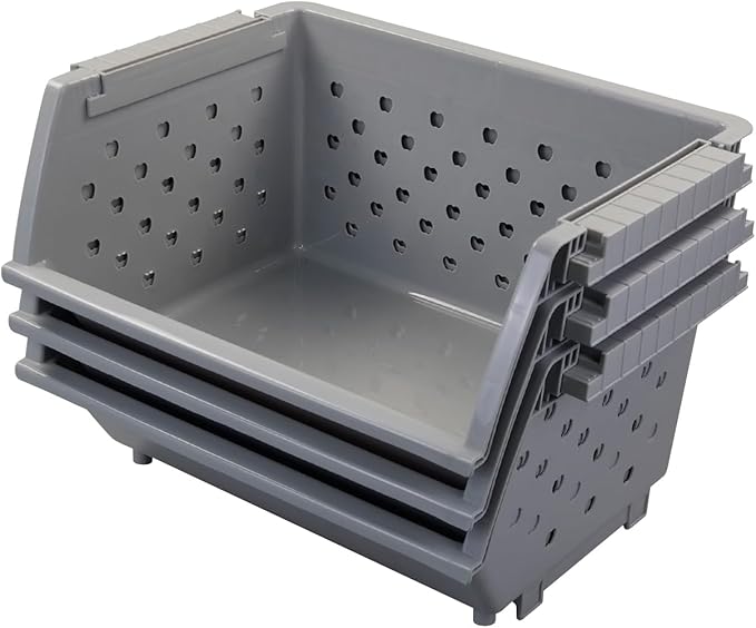 Stackable Storage Bins for Pantry Organizers and Storage 3 Pack, Pantry Storage Basket for Office, Garage, Kitchen and Home Organization (Grey)