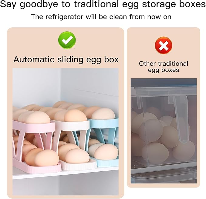2pcs Egg Dispenser Automatic Rolling Egg Tray Organizer, Space Saving Side Door Refrigerator Egg Roller Basket, Suitable for Kitchen, Cabinets, Dining Table (Pack of 2 White)