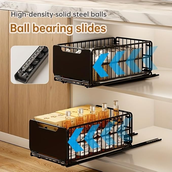 Pull Out Cabinet Organizer Fixed with Adhesive Nano Film, 1 Pack Sliding Mesh Cabinet Basket with Handle, Heavy Duty Slide out Pantry Shelves Drawer Storage for Home, Kitchen, Bathroom, Black