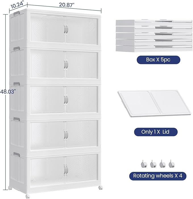 300QT Extra Large Stackable Storage Bins with Lid & Wheels & Doors, 75Gal Foldable Collapsible Closet Organizers, Plastic Cabinet Box Container Drawer for Home Kitchen Bedroom, 5Pack White