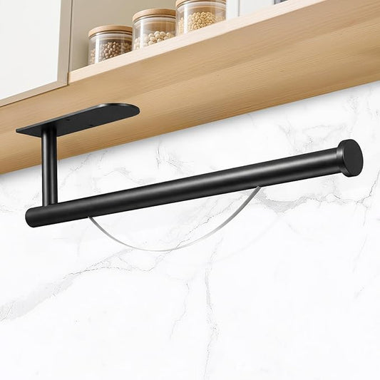 Paper Towel Holder with Damping Function, Paper Towel Holder Under Cabinet Self-Adhesive or Drilling, Wall Mounted Matte Black Paper Towel Rack for Kitchen Bathroom Rv, Stainless Steel (Black)