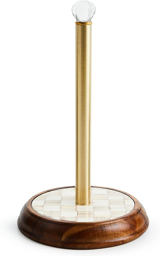 MACKENZIE-CHILDS Wood Paper Towel Holder, Decorative Paper Towel Holder for Kitchen, Brown-and-White Mocha Check