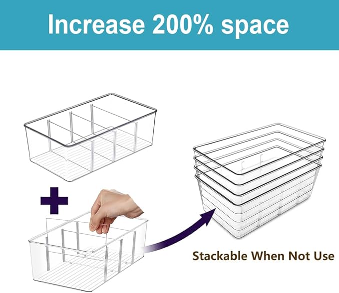 Set of 4 Clear Fridge Organizer Bins,2 Pack Stackable Refrigerator Organizer And 2 Pack Pantry Organizers and Storage with 3 Dividers,BPA-Free Spice Organization for Kitchen Cabinet