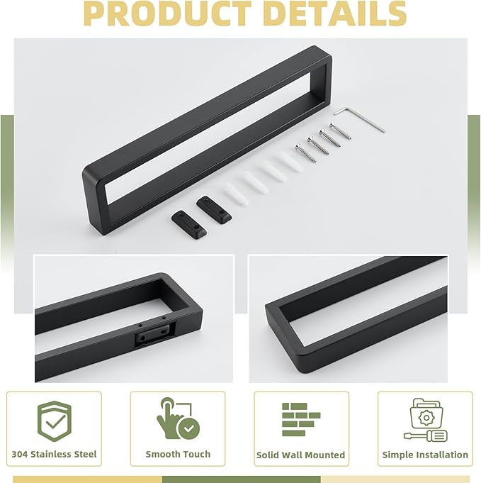 APLusee Matte Black Towel Bar, 304 Stainless Steel Towel Rack, Wall Mounted
