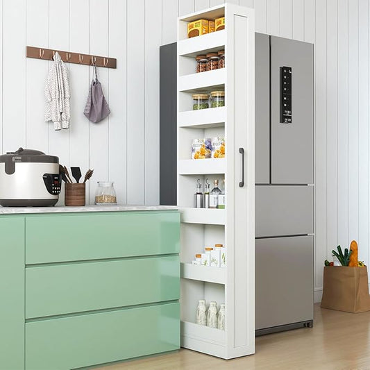 7 Tier multi-functional pull-out storage Cart for Next to Fridge, Rolling Slim Narrow Utility Cart for Small Spaces, Single sided open Spice Rack for Kitchen, Living Room & Narrow Spaces (White)