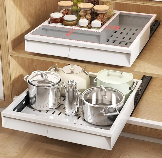 1 Pack Pull Out Cabinet Organizer Expandable Width(11"-15.5") & Depth(12.2"-16.3"), 3 Slide Rails Slide Out Drawers with Handle, Includes Raising Pad for Framed Cabinets, White