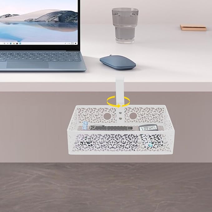 360° Rotatable Under Desk Storage Basket, Clamp-On Slide-Out Organizer for Office Desk, 12×8×4 in Metal Mesh Tray, Movable Pen File Headphone Holder, No-Drill Swivel Hanger, Under Table Shelf
