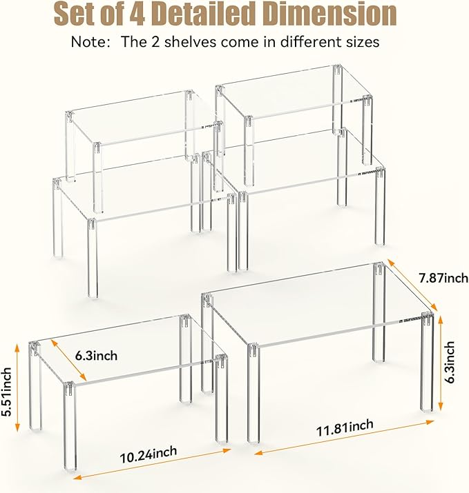Clear Cabinet Organizer: Acrylic Shelf Riser Set of 4 for Kitchen Pantry Organizers and Storage - Countertop Spice Rack for Cabinet - Stackable Display Shelf Decor for Gift