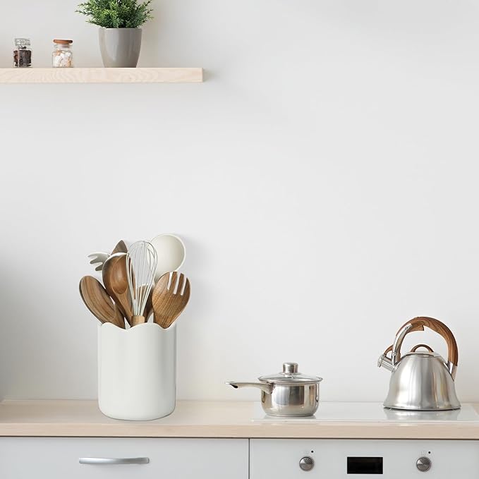 Ceramic Utensil Holder for Kitchen Counter, 6.2" Large Kitchen Utensil Holder for Countertop with Cork Bottom, Cooking Tool Organizer for Spatula, White