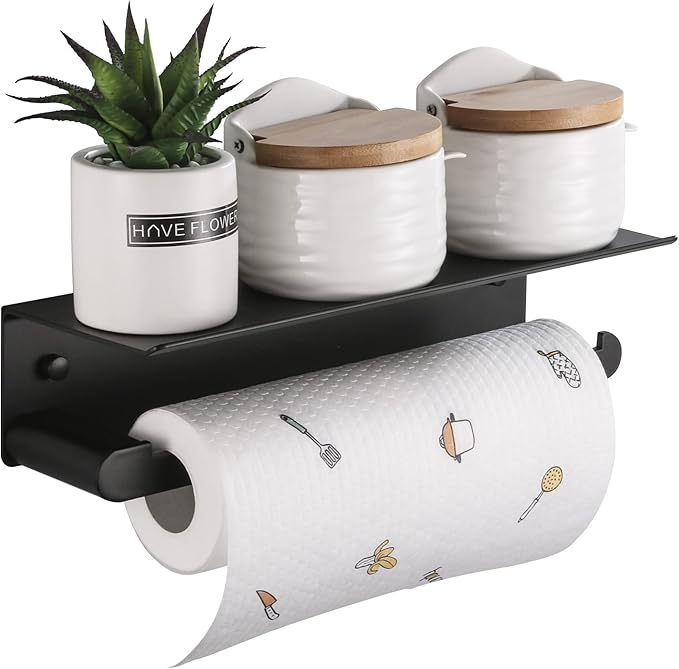 Paper Towel Holder Wall Mount for Kitchen, Self-Adhesive Paper Towel Holder with Shelf for Bathroom, Anti-Rust Aluminum, No Drill or Wall-Mounted with Screws (Matt Black)
