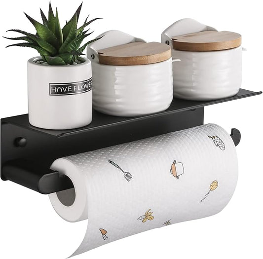 Paper Towel Holder Wall Mount for Kitchen, Self-Adhesive Paper Towel Holder with Shelf for Bathroom, Anti-Rust Aluminum, No Drill or Wall-Mounted with Screws (Matt Black)