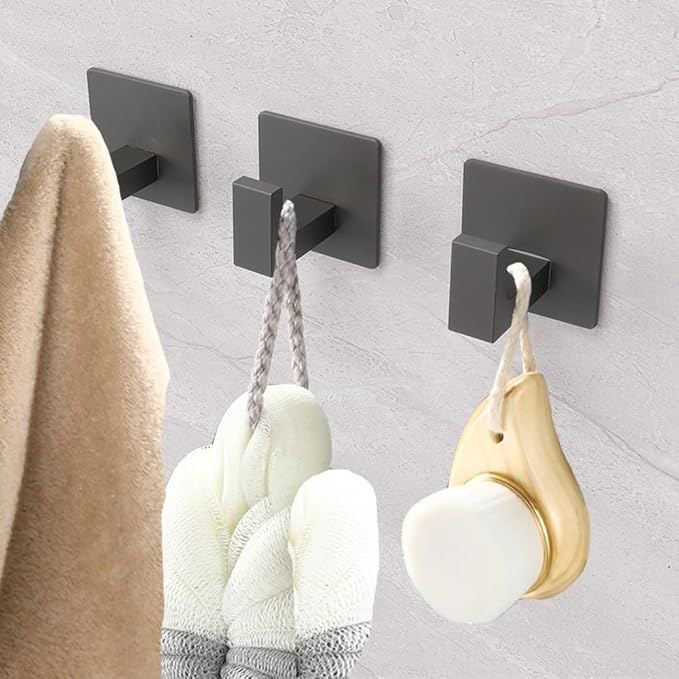 Vanloory Bath Towel Hooks, 6 Pack Self Adhesive Square Coat Hooks, Sturdy No Drilling Robe Hook, Heavy Duty Aluminum Clothes Hanger, Wall Hooks for Bathroom Bedroom Kitchen (2 in, Grey)