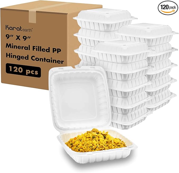 KARAT EARTH Clamshell Take Out Food Containers [9"x9" - 120 ct] To Go Containers | Microwavable, Freezer Safe, Soak-Resistant, Durable, Stackable | Vented for Hot/Cold Foods, White