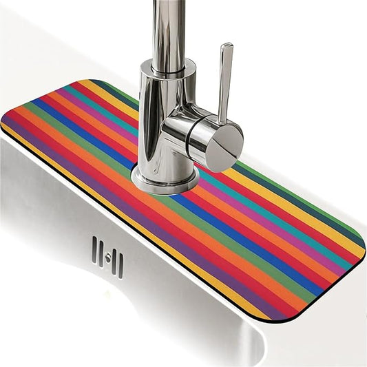 Kitchen Sink Splash Guard，Rainbow stripes Faucet Mat Sink Gadgets-Super Absorbent Fast Drying Mat Drip Catcher for Kitchen, Bathroom,Sink Mat, Dish Drying Mat, Bathroom(15" X 5.5" )