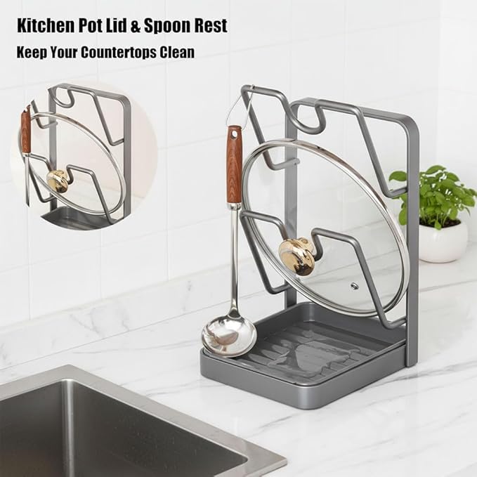 Kitchen Pot Lid Storage Rack, Pot Lid Organizer Rack—The Ultimate Christmas Kitchen Organizer, Multifunctional Utensils Pan Pot Cover Lid Rack Shelf for Pots Lids, Spatulas (Gray-Single Layer)