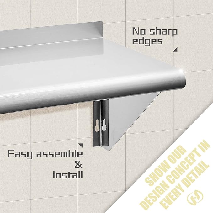 Hally Stainless Steel Shelf 12 x 72 Inches 345 lb, NSF Commercial Wall Mount Floating Shelving for Restaurant, Kitchen, Home and Hotel