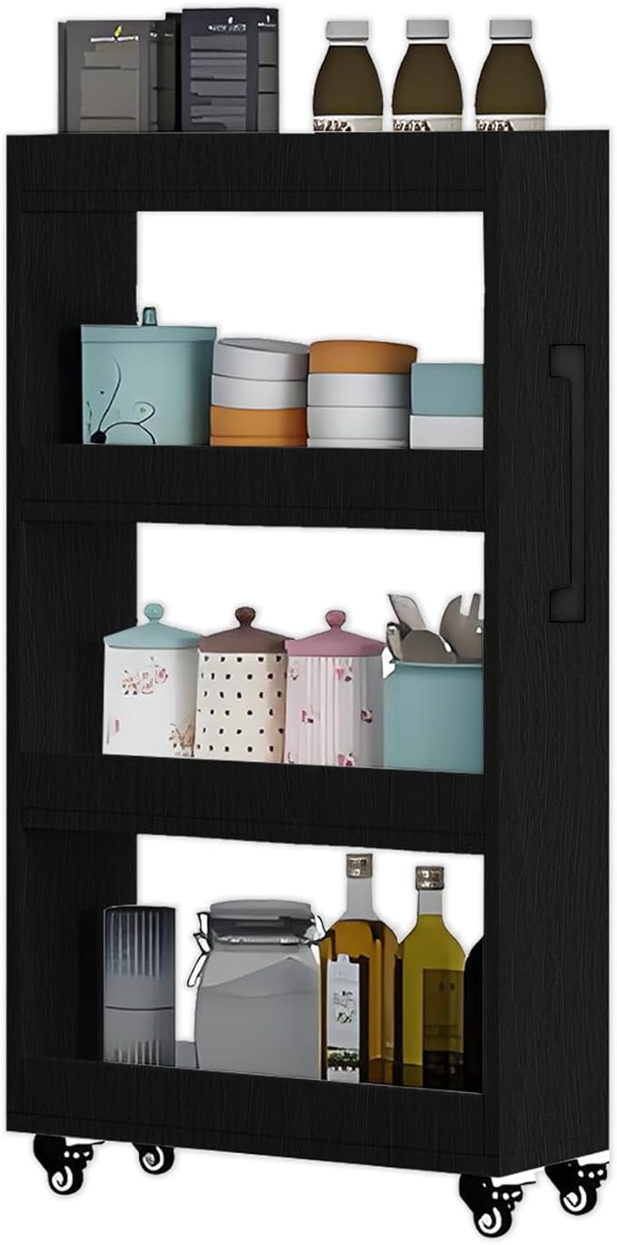 7-Tier Slim Rolling Storage Cart, Wooden Narrow Pantry Cabinet with Wheels, Tall Space-Saving Shelf Organizer for Kitchen, Laundry, Bathroom (Black, 47.2" H*9.8" W*19.6" D)