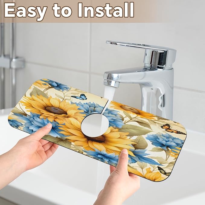 Sunflower Blue Bloom Kitchen Faucet Mat Splash Guard, 15.4”x5.7” Absorbent Quick Drying Sink Mat for Countertop Protection, Draining Mat Sink Protectors For Kitchen Bathroom, 1 Pack