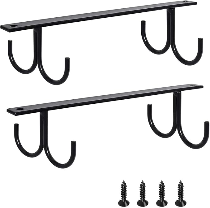 MOCOUM Under Cabinet Mug Rack, Rustic Mug Organizer Rack Cup Holder Under Shelf Hanging Hooks Rack for Mugs, Coffee Cups and Kitchen Utensils Display (Black-2 Pack-8 Hooks)