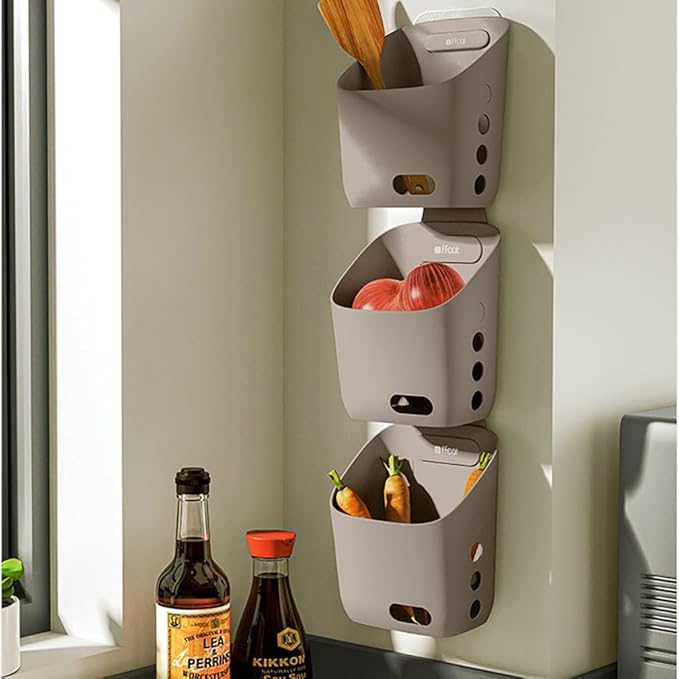 LeleCAT Plastic Hanging Basket Kitchen Storage organizer, Basket with Detachable hook, Hang it behind a door or on a railing, Over the Cabinet Door (Light Gray, Large) 2pack