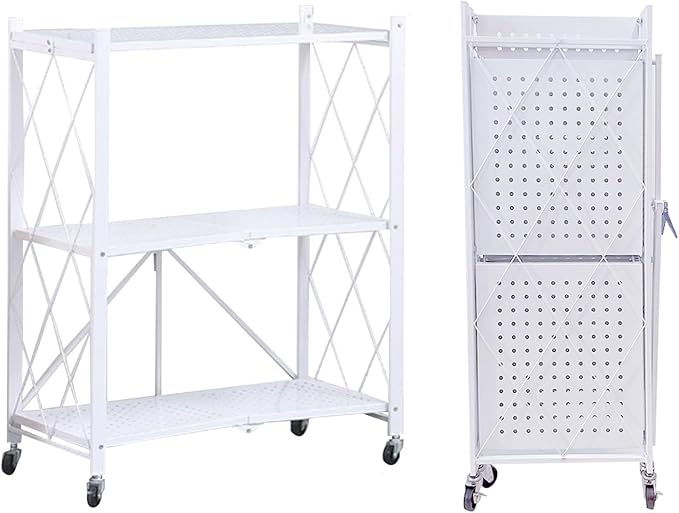Foldable Storage Shelves with Wheels, Folding Shelving Units Storage, Heavy Duty Metal Collapsible Shelf No Assembly, Large Capacity Pop-Up Organizer for Garage,Kitchen,Living Room, 3-Tier White