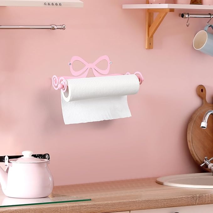 LemonRoad Valentine's Day Pink Bow Wall Mount Paper Towel Roll Holder Metal Coquettish Pink Kitchen Accessories Toilet Paper Towels Holder Bathroom Countertop Decor Valentines Housewarming Gift