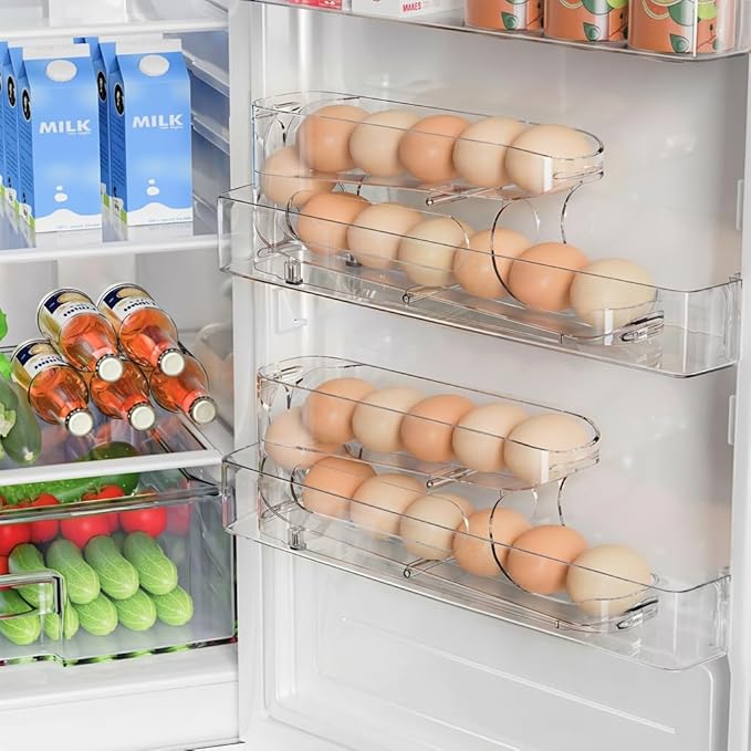Egg Holder for Fridge, Auto Rolling Egg Storage Organizer for Refrigerator, Clear Space Saving Container, Dispenser - FIFO Egg Roller for Eggs 24 Count