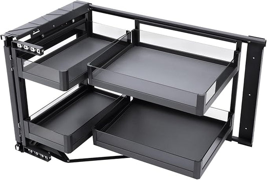 Blind Corner Cabinet Pull Out Organizer, 14 Inch Opening Magic Base Cabinet, Universal Mount Right or Left Hidden Slide Out Shelves, 2 Tier 4 Shelf Chrome Soft Close for Kitchen
