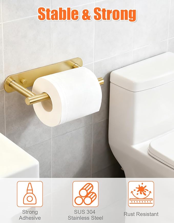 YUET Toilet Roll Holder, Self Adhesive or Screw in Wall Mounted Options, Double Post Pivoting Tissue Roll Holder, Stainless Steel Rustproof Stick On No Drilling Wall Mount for Bathroom, Brushed Gold