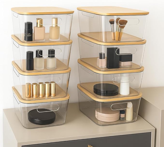 CiWiVOKi 6 Pack Clear Storage Bins with Bamboo Lids, Stackable Organization and Storage Containers with Handle for Pantry, Cabinet, Closet, Fridge, Bathroom, Organizer Bins for Home & Kitchen