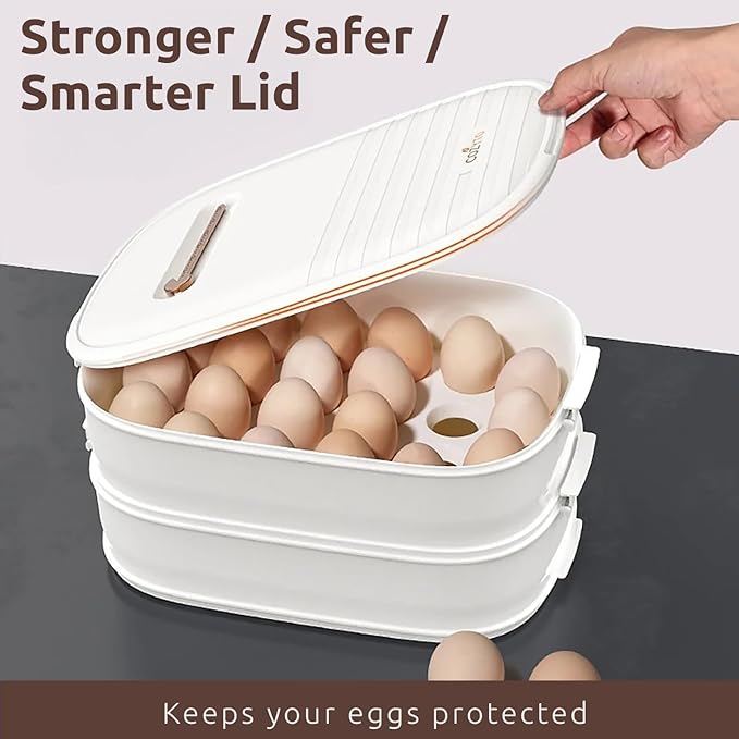 COZYTO Premium EggNest 2-Layer Egg Holder for Refrigerator – Stackable Egg Storage Tray with Sliding Date Dial Lid | Holds 44 Eggs | BPA-Free, Durable & Space-Saving (White Lid & White Box)