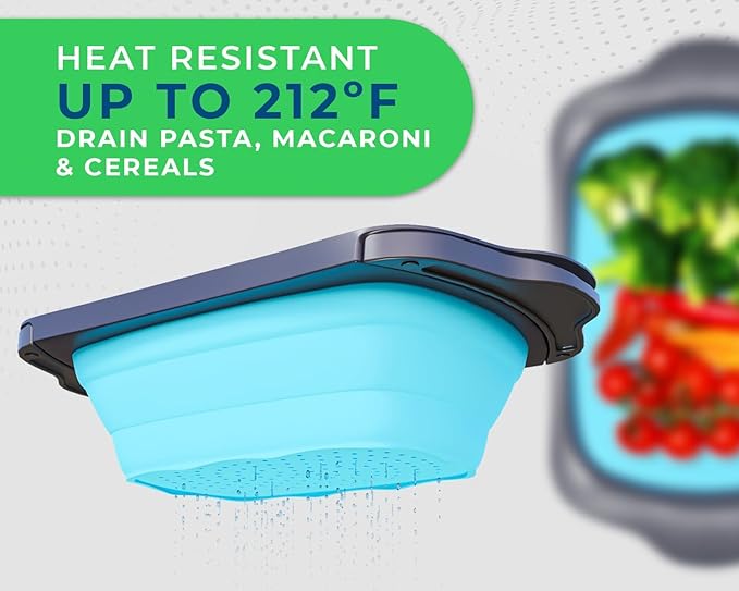 Comfify XL Large Kitchen Strainer - Collapsible Silicone Over - The-Sink Colander with Extendable Handles - Use with Pasta, Fruit, Berries & Veggie - 6 Quart - Blue