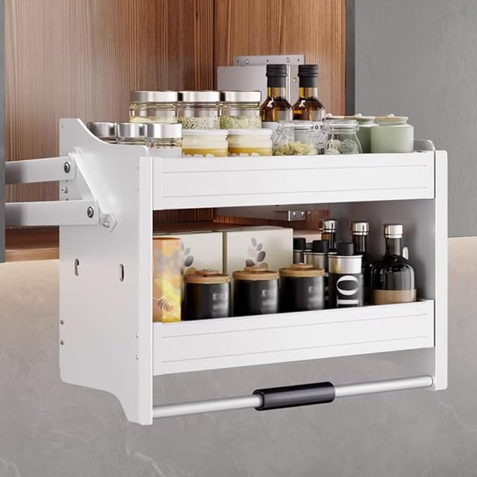 YVYKFZD Kitchen Pull Down Shelf, 2 Tier Pull-Out Cabinet Organizer, Adjustable Large Wall Cabinet Storage Organizer, Retractable Storage Shelf, Space Saving(White,32"x10"x21"/81x26x54cm)