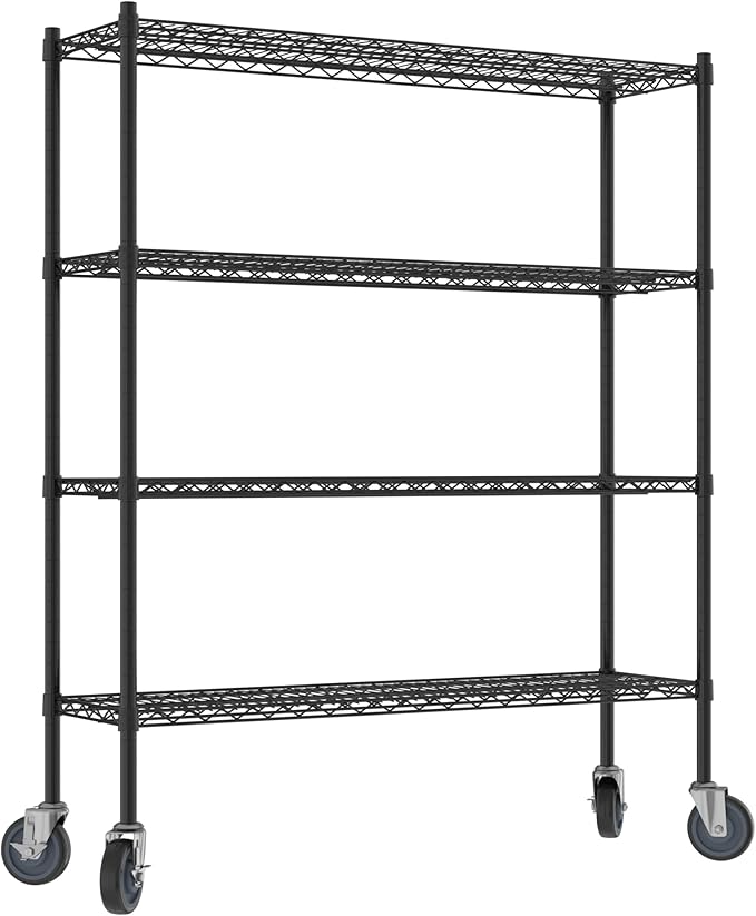 Commercial NSF Listed Black Epoxy Mobile Wire Shelving Kit 14" x 48" x 60", with 4 Shelves Perfect for Warehouse, Walk-in Refrigerator, Freezer, Grocery Store, Restaurant, Dishroom