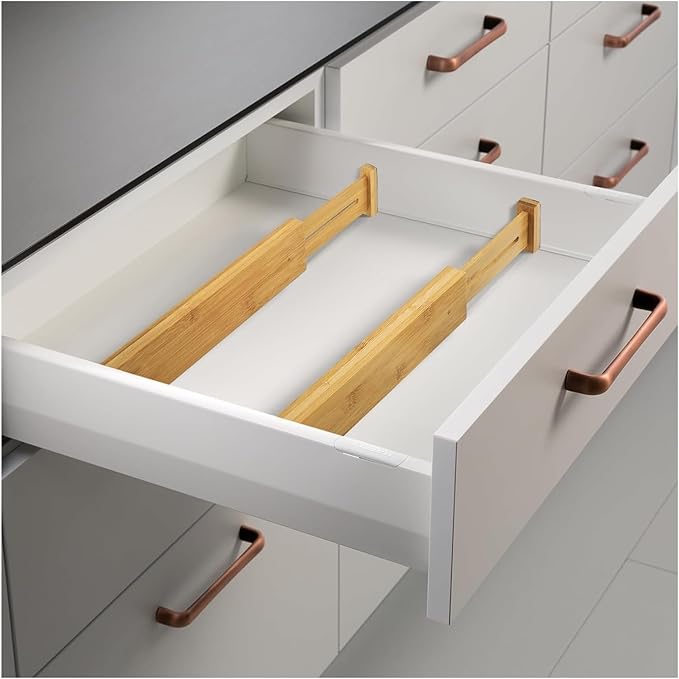 Bamboo Drawer Dividers – Adjustable length from 14 inches to 19.1 inches, spring-loaded expandable storage dividers, suitable for kitchens, bedrooms, offices, and bathrooms. Please(6 partition boards)