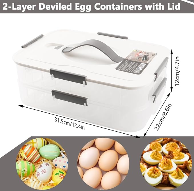 2 Layer Deviled Egg Containers with Lid, 36 Slots Deviled Egg Tray Carrier with Handle and Injector Piping Tool, Fridge Stackable Portable Clear Storage Egg Platter for Party Picnic Travel (white)