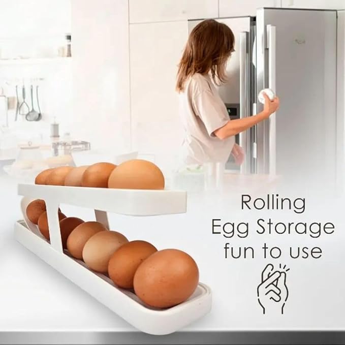 Rolling Egg Dispenser for Refrigerator – Space-Saving Fridge Egg Organizer, BPA-Free Durable Plastic Tray, Easy to Clean, Holds 12–14 Eggs, Modern Kitchen Storage
