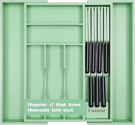 9-Piece Bamboo Kitchen Drawer Organizer Set, Expandable Silverware &Utensil Organizer with Removable Knife Block & Steak Knives, Flatware Organization, Tableware Dividers Storage(Cyan)