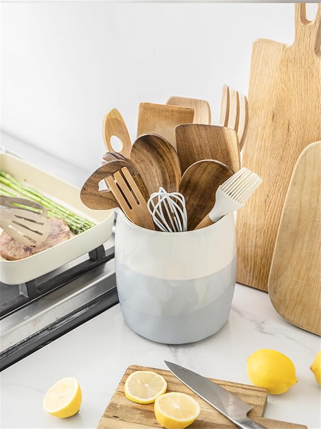 DOWAN Utensil Holder, 6.5″ Large Utensil Holder for Kitchen Counter, Ceramic Utensil Crock with Table-Protection Mat, Spatula Holder, Utensil Organizer Caddy for Spoons Home Decor, Fathers Day Gifts
