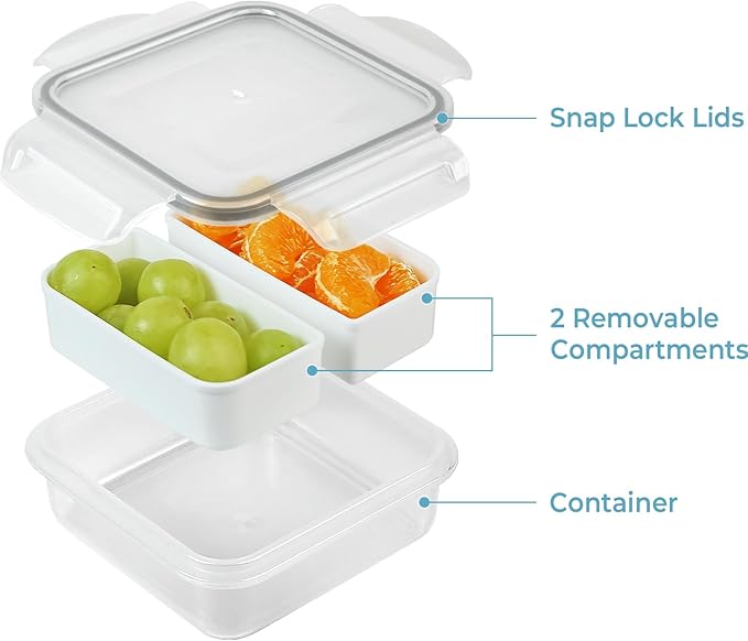 carrotez 2 Compartment Small Snack Containers, Mini Snack Containers for Mini Fridge, Small Divided Food Storage Containers, Airtight Lids, Reusable, 1.1 cup, 6 PACK