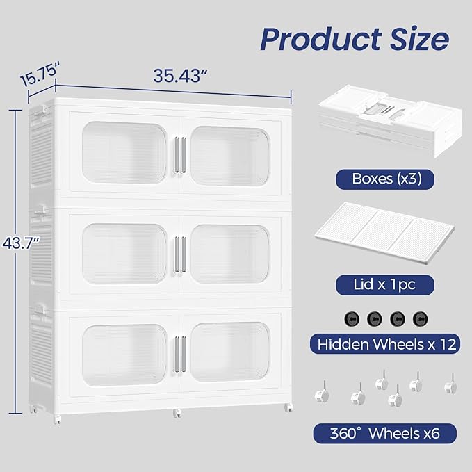 150Gal Extra Large Stackable Storage Bins with Lid & Wheels & Doors, 200QT/50GAL 3-Tiers Collapsible Closet Organizers Plastic Containers Drawers Boxes for Home Kitchen Bedroom, White