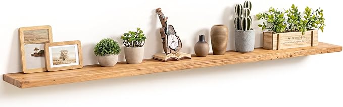 Fun Memories 72 Inch Floating Shelves for Wall, Rustic Solid Elm Wood Shelves for Home Decor, 8 Inch Deep Floating Shelf Wall-Mounted, Heavy-Duty Storage Shelf for Living Room, Bedroom, Kitchen