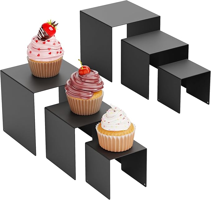Matte Metal Display Stand,6 Pcs 2 Set Display Risers for Display, Metal Rectangular Display Shelf for Showcase, Dessert, Toys, Perfume (Black, 3''x4''x5)